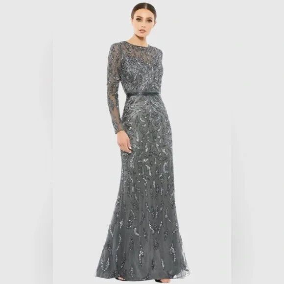 NWT Mac Duggal Beaded Long Sleeve Evening Gown 5124 CHARCOAL GRAY‎ - Picture 1 of 6